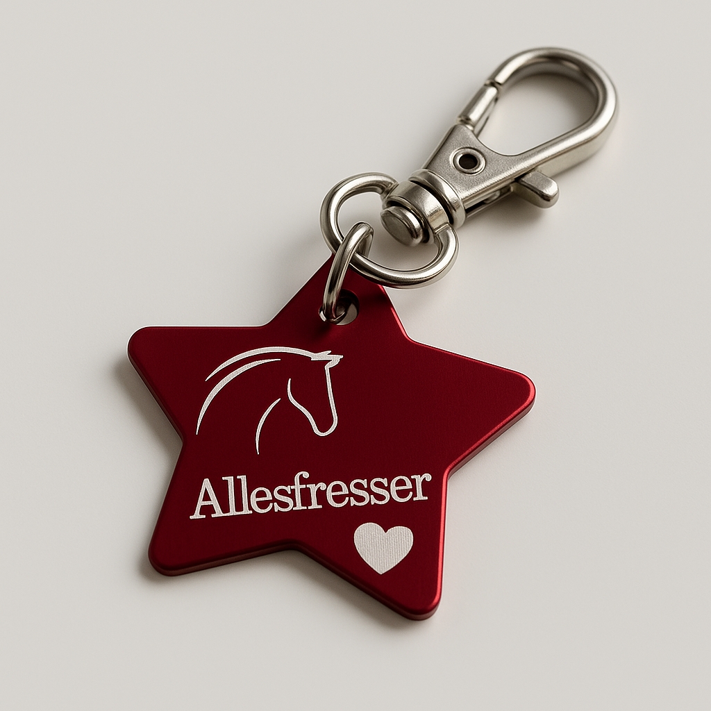 Pferdeanhänger „Allesfresser“ – Lustiger Anhänger aus Aluminium für Halfter & Trense verschiedene Motive