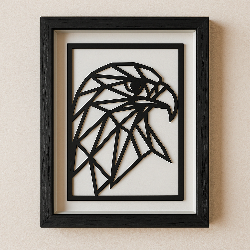 Geometrische Adler Silhouette – Laser geschnitten & schwarz lackiert im Schattenrahmen