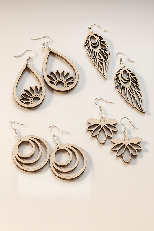 Leichte Holzohrringe aus 2mm Pappelsperrholz – handgefertigt & gelasert – Boho, Tropfen, Blätter, Blumen & geometrische Designs