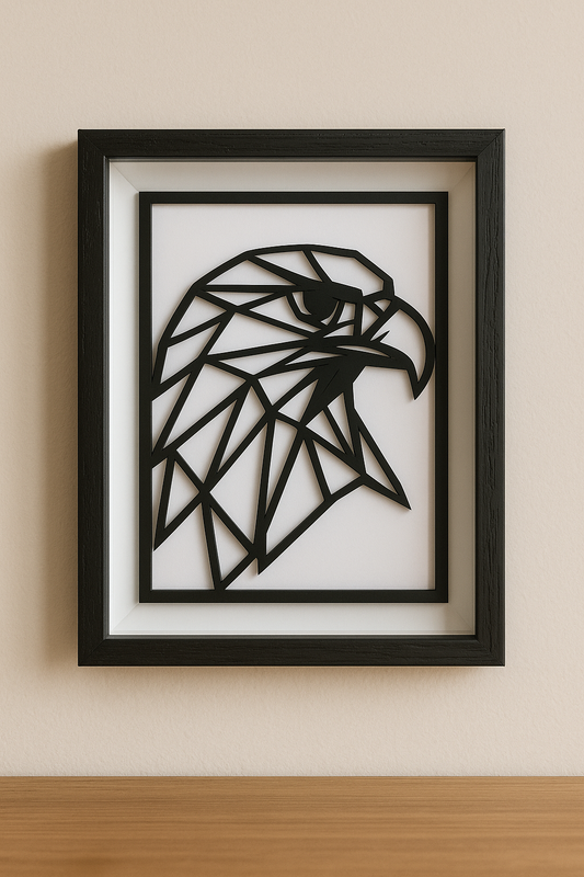Geometrische Adler Silhouette – Laser geschnitten & schwarz lackiert im Schattenrahmen