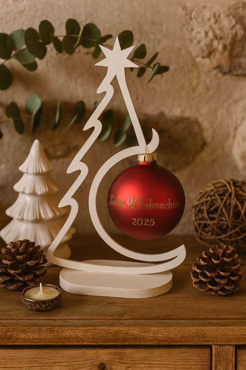 Handgefertigter Weihnachtsbaum aus Holz mit roter Kugel