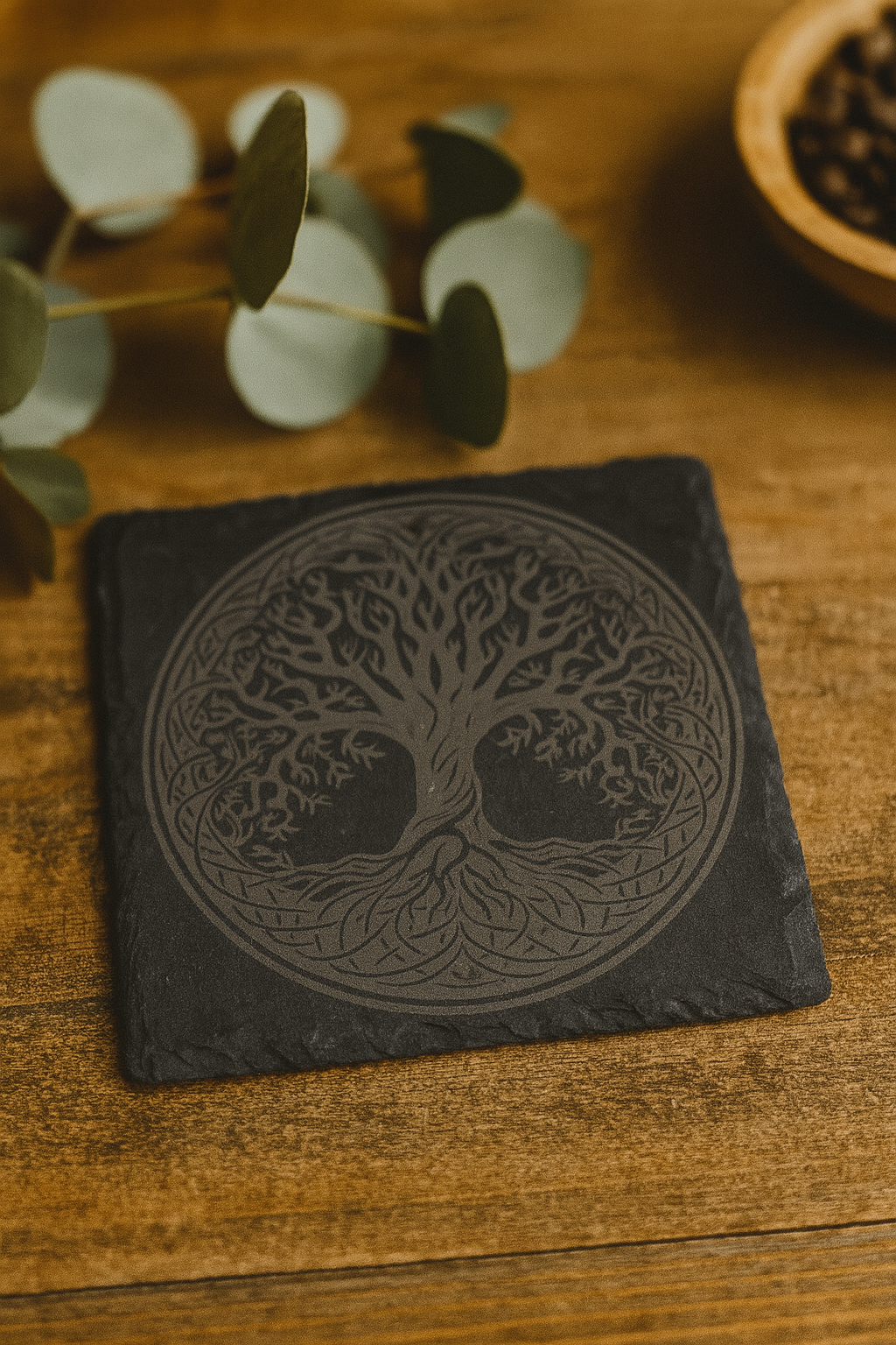 Schieferuntersetzer mit Lebensbaum (Night) – gravierter Tree of Life | Handgemacht & naturbelassen