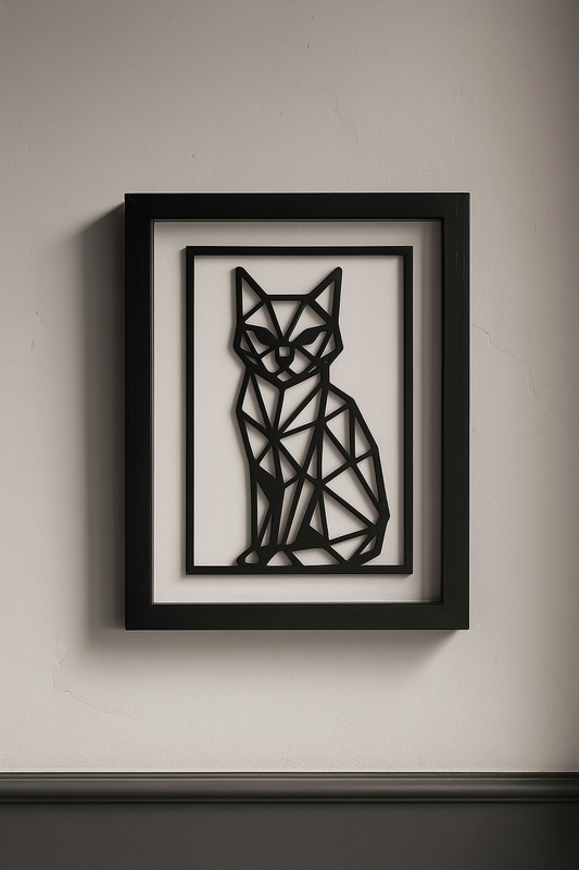 Geometrische Katzen Silhouette – Laser geschnitten & lackiert im Schattenrahmen