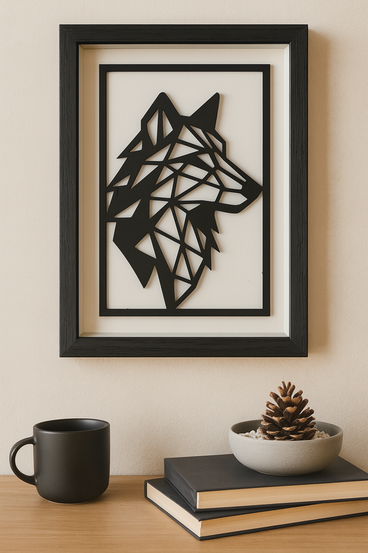 Geometrische Hunde Silhouette – Laser geschnitten & schwarz lackiert im Schattenrahmen