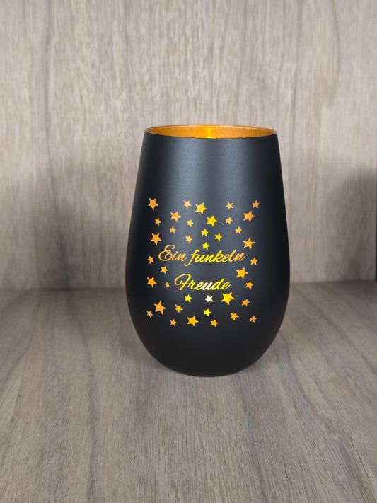 Lasergraviertes Glas „Ein Funkeln Freude“ – Edles Sternen-Windlicht mit goldener Innenseite