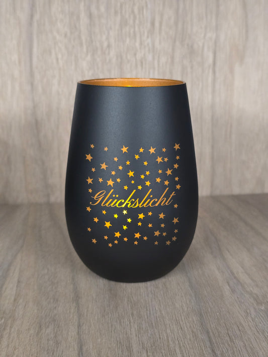 Lasergraviertes Glas „Glückslicht“ – Edles Windlicht mit Sternenmotiv & goldener Innenseite