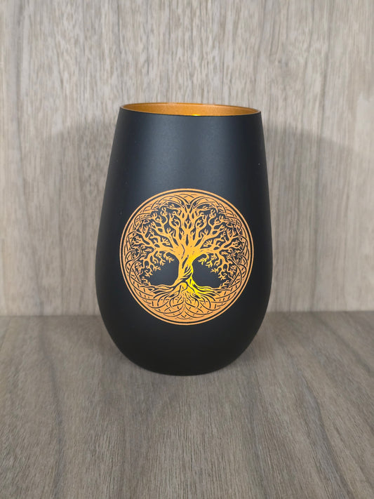 Lasergraviertes Glas „Lebensbaum“ – Edles Windlicht & Dekoobjekt mit goldener Innenseite