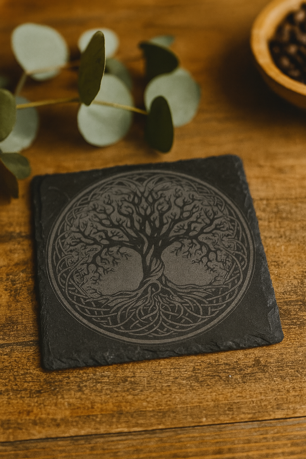 Schieferuntersetzer mit Lebensbaum (Day) – gravierter Tree of Life | Handgemacht & naturbelassen